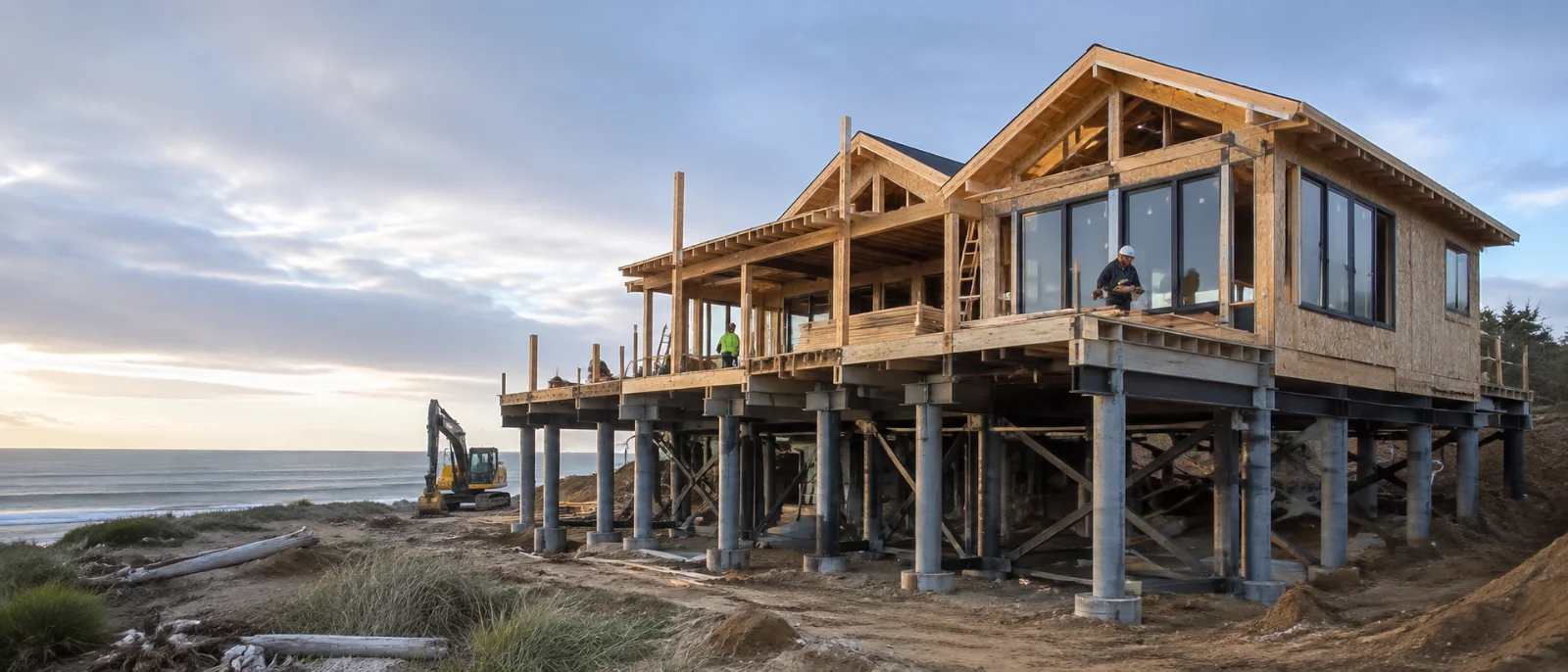 Engineered coastal home framed on a concrete piling foundation above an Oregon beach