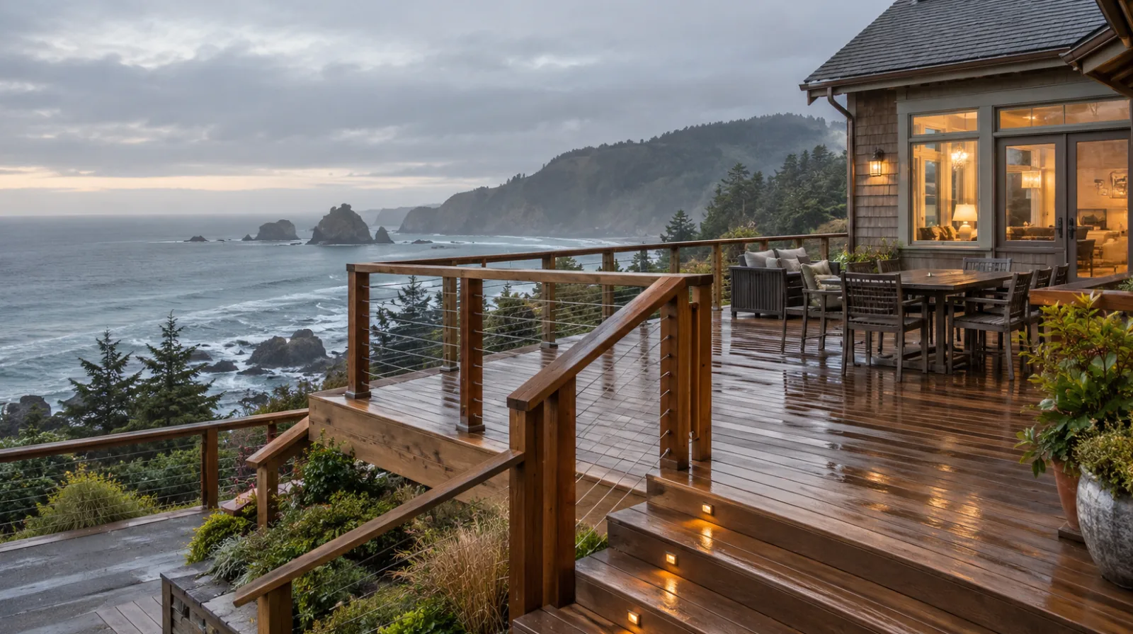 Concept rendering of a coastal deck with cable railing overlooking the Oregon coast